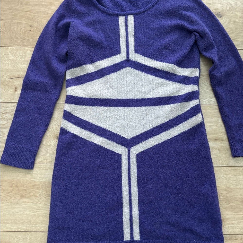 BCBGMaxAzria Royal Purple Long Sleeve Sweater Dress Geometric Print Dress Size M
